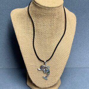 Dolphin Pendant Necklace 18 In Silver Mother of Pearl Rainbow Inlay Black Cord